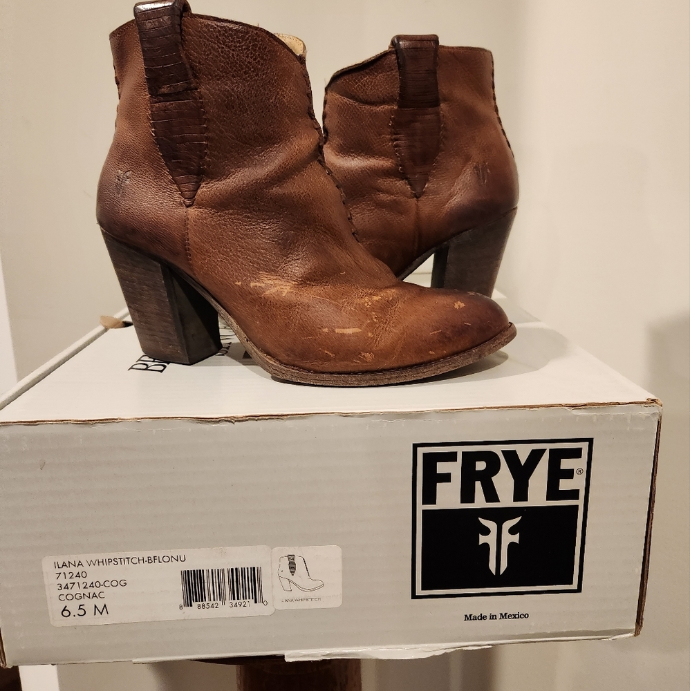 FRYE ILANA WHIPSTITCH DISTRESSED WESTERN COWBOY COGNAC ANKLE BOOTS BOOT 6.5 BOX - Picture 2 of 16